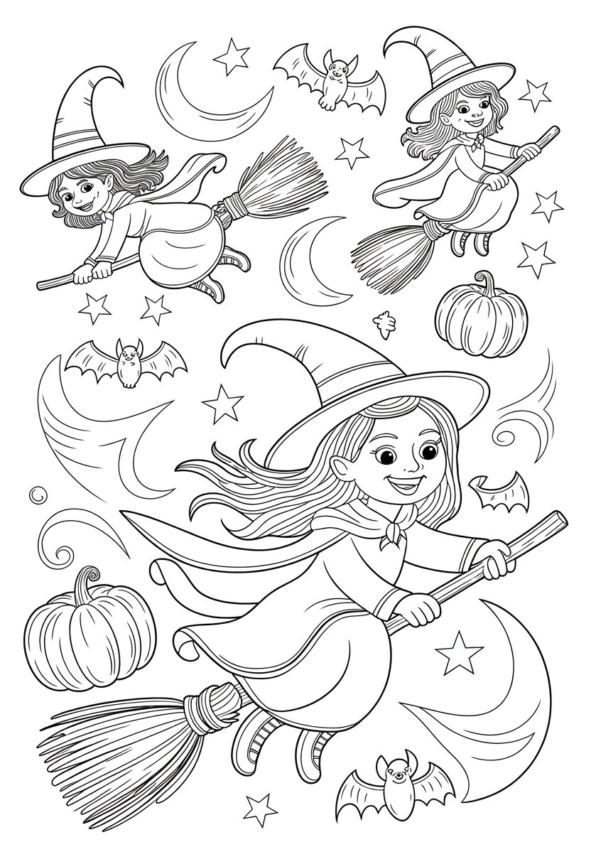 Halloween Coloring Pages Cute Collection of 20 Fun and Easy Designs 26 A group of cheerful witches flying on broomsticks surrounded by Halloween elements like moons, stars, pumpkins, and bats.